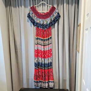 Patrons of Peace Bohemian Red Floral Multicolor Off The Shoulder Tiered Sundress